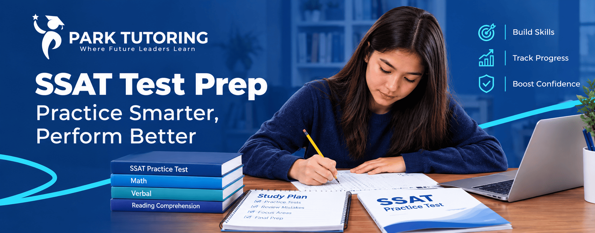 Student practicing timed SSAT test prep questions at a desk with a study planner and practice test booklet